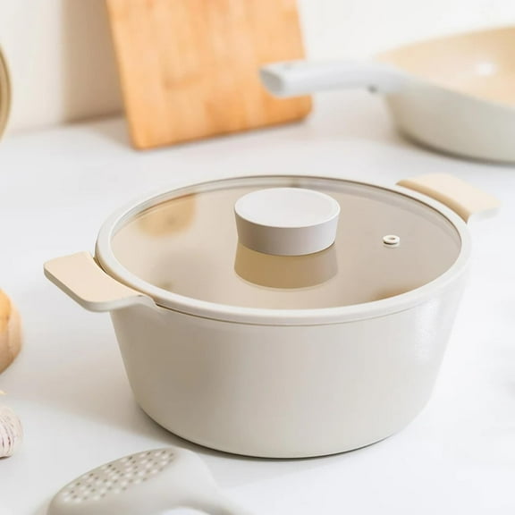 NEOFLAM Vulcan Ivory 4QT Nonstick Stockpot with Glass Lid, Double Handle Ceramic Coated Pot, Induction Compatible, Made in Korea