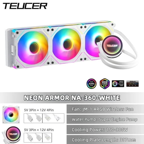 NEON ARMOR 360mm ARGB Liquid CPU Cooler, Wireless PWM Fans, Aura Sync AIO Water Cooling System for Intel & AMD, Snow White