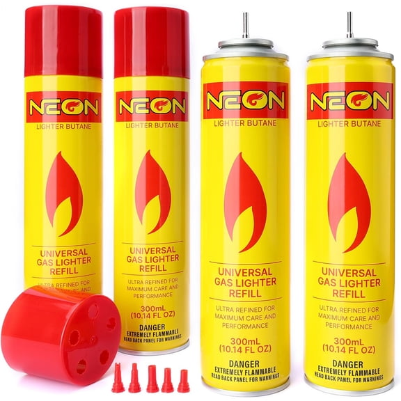 NEON Butane Fuel Refill, 300ml Ultra Refined Lighter Fluid, Premium 99.999% Pure Butane Gas with Metal Nozzle and 5 Butane Adapter Tips for Torch Lighter, Kitchen Torches, Refillable Lighters