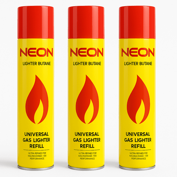 NEON Butane Gas Refill – 3 Pack – 10.14 oz Cans – Ultra Refined Universal Lighter Fuel – 5 Adapter Tips – High-Performance Yellow Canisters