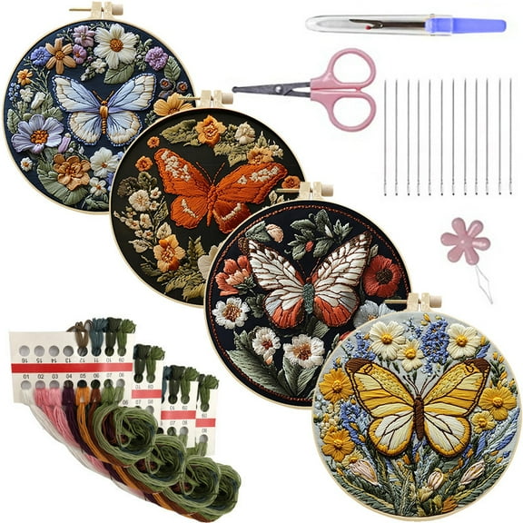 NEONWE 4 PCS Butterfly Embroidery Kits,Colorful Flower Butterfly Set for Beginners Adults,Include Embroidery Fabric Embroidery Hoop Threads and Needles