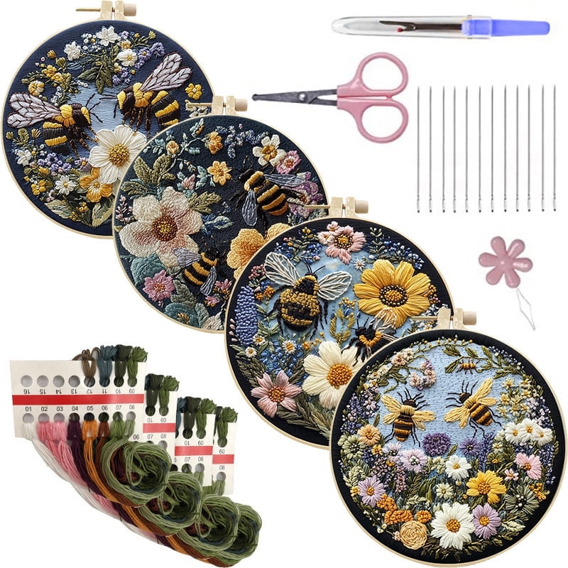 NEONWE 4 Pack Bee Embroidery Kit for Beginners Adult Cross Stitch Kits ...