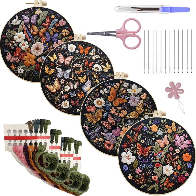 NEONWE 4 Set Embroidery Kit for Adult Beginner, Colorful Butterfly Vintage Flowers Rustic Stamped Patterns Kits Nature Funny Arts & Crafts Set, with Hoop, Colored Threads, Needles, and Instructions