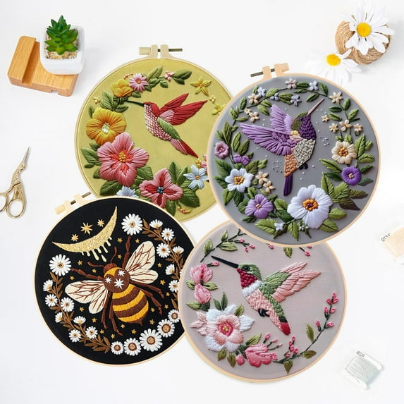 NEONWE 4 Set Embroidery Kit for Adult Beginner, Hummingbird Flower Patterns Funny Simple Arts & Crafts Set, with Hoop, Colored Threads, Needles, and Instructions