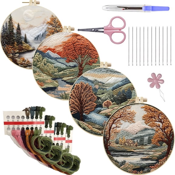 NEONWE 4 Set Embroidery Kit for Adult Beginner, with Landscape Tree Mountain Floral Nature Scenery Patterns Kits Boho Rustic Arts & Crafts Set, with Hoop, Colored Threads, Needles, and Instructions