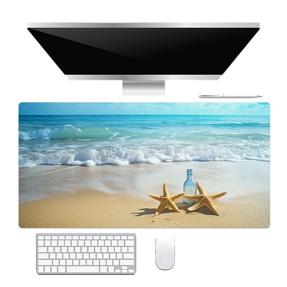 NEONWE Beach Ocean Gaming Mouse Pad, Tropical Sea Drift Bottle Starfish Large Desk Mat, with 3mm Keyboard Mat Non-slip Base and Stitched Edge for Work Game Office Home, 31.5 X 15.75 Inch