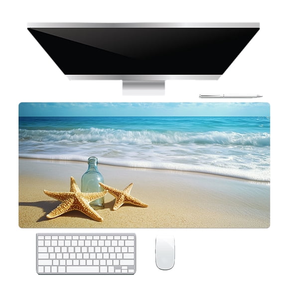 NEONWE Beach Ocean Gaming Mouse Pad, Tropical Sea Drift Bottle Starfish Large Desktop Mouse Pad with Stitched Edges Non-slip Rubber for Work Game Office Home, 3mm Thick, 31.5 X 15.75 Inch