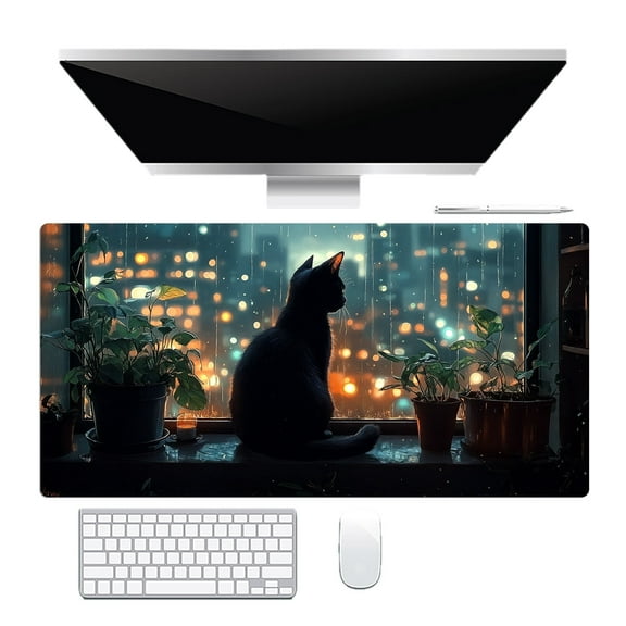 NEONWE Black Cat Gaming Mouse Pad Green Plants Japanese Anime Cute Large Desktop Mouse Pad with Stitched Edges Non-slip Rubber for Work Game Office Home, 3mm Thick, 31.5 X 15.75 Inch