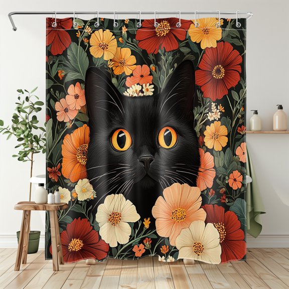 NEONWE Black Cat Shower Curtain Boho Floral Leaf Plant Cute Animal Vintage Bathroom Aesthetic Shower Curtain Decor Polyester Waterproof Fabric with 10 Pack Plastic Hook 72" X 60"