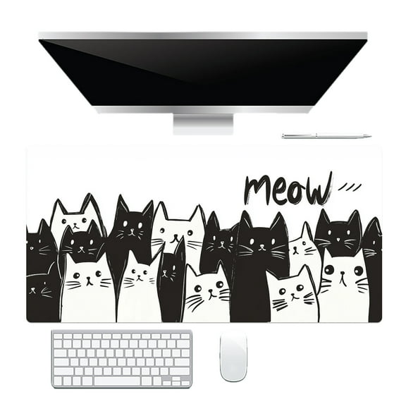 NEONWE Black and White Cat Gaming Mouse Pad, Cute Cartoon Large Desktop Mouse Pad with Stitched Edges Non-slip Rubber for Work Game Office Home, 3mm Thick, 31.5 X 15.75 Inch