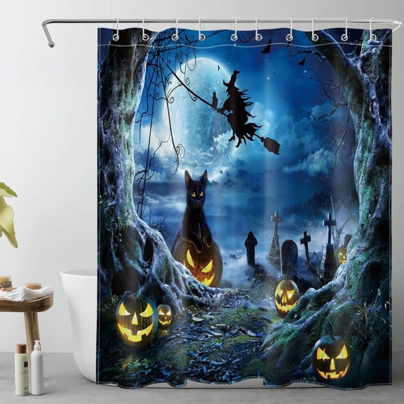 NEONWE Blue Halloween Shower Curtain, Horror Graveyard Black Cat Pumpkin Spooky Witch - Scary Night Full Moon Bathroom Decor, Easy Care Polyester Fabric 72x60 Inch with Hooks