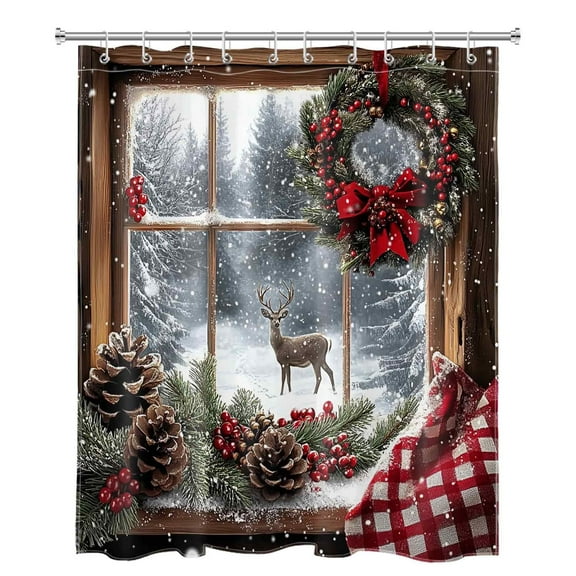 NEONWE Christmas Snowy Shower Curtain Farmhouse Window Wreath Winter Forest Deer Rustic Holiday Bathroom Shower Curtain Home Decor Polyester Waterproof Fabric with 10 Pack Plastic Hook 72" X 60"