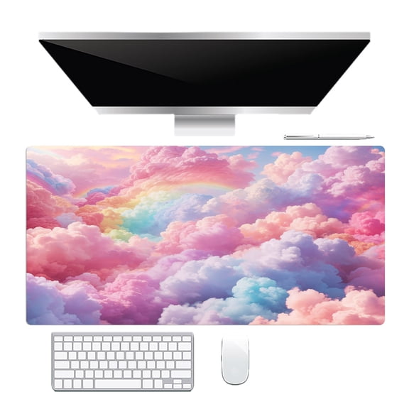 NEONWE Colorful Cloud Gaming Mouse Pad Cute Rainbow Watercolor Pink and Blue Sky Large Desktop Mouse Pad with Stitched Edges Non-Slip Rubber for Work Game Office Home, 3mm Thick, 31.5 X 15.75 Inch