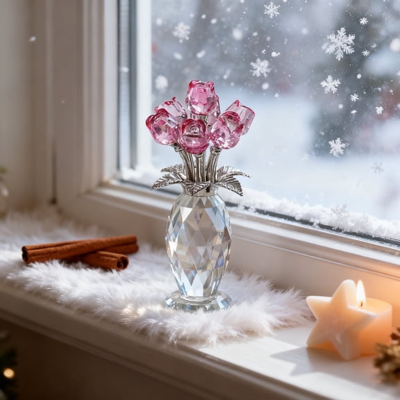 NEONWE Rose Flower Crystal Figurine, Birthday Wedding Anniversary Women Gifts, Craft Ornament, Pink