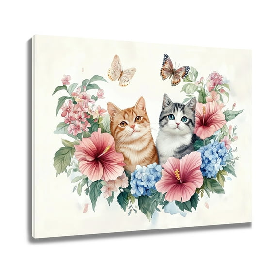 NEONWE Cute Cat Watercolor Floral Canvas Wall Art Animal Flower and Cats Lover Prints Posters Wall Decor Nature Aesthetic Home Art for Living Room Bedroom Bathroom Office Wall Decor, 12x16 Inches