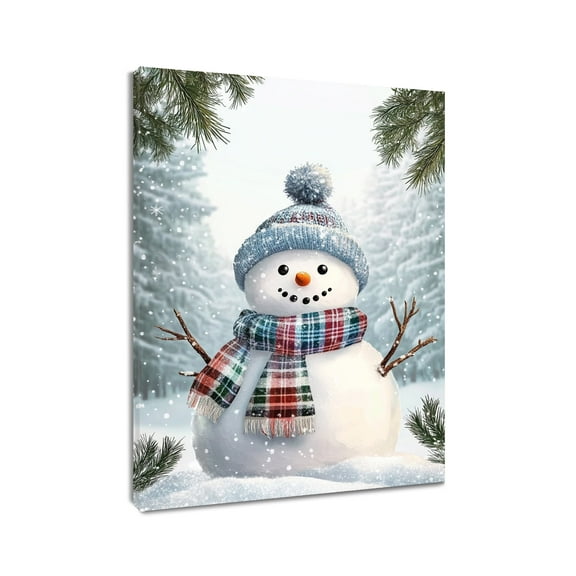 NEONWE Cute Snowman Canvas Wall Art Blue Hat Red Scarf Winter Forest Landscape Prints Posters Living Room Decor Funny Holiday Home Art Bedroom Bathroom Office Wall Decor 12x12in