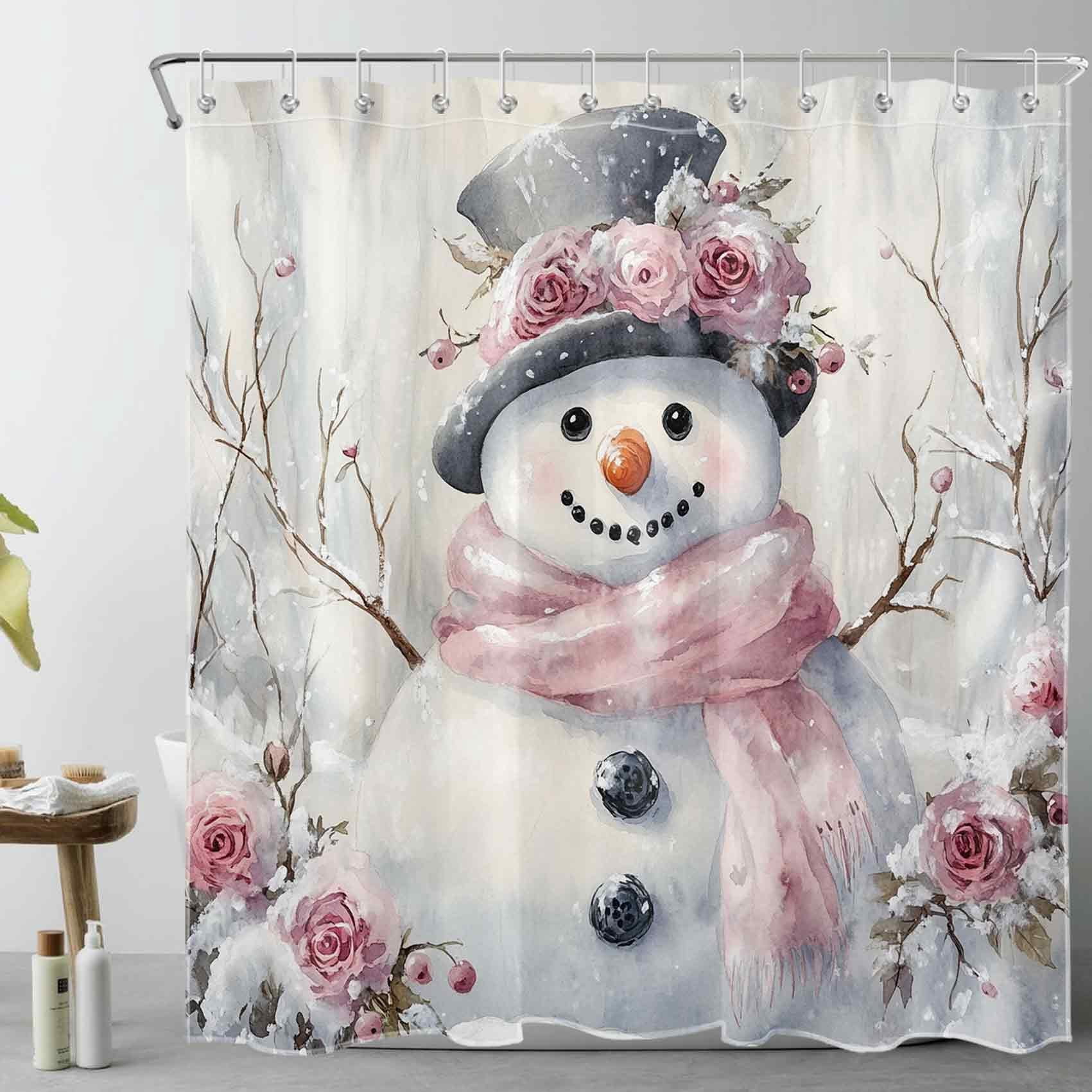 NEONWE Cute Snowman Shower Curtain Christmas Pink Flower Winter Rustic Snow Forest Xmas Holiday Art Bathroom Shower Curtain Home Decor Polyester Waterproof Fabric with 12 Pack Plastic Hook 72" X 72"