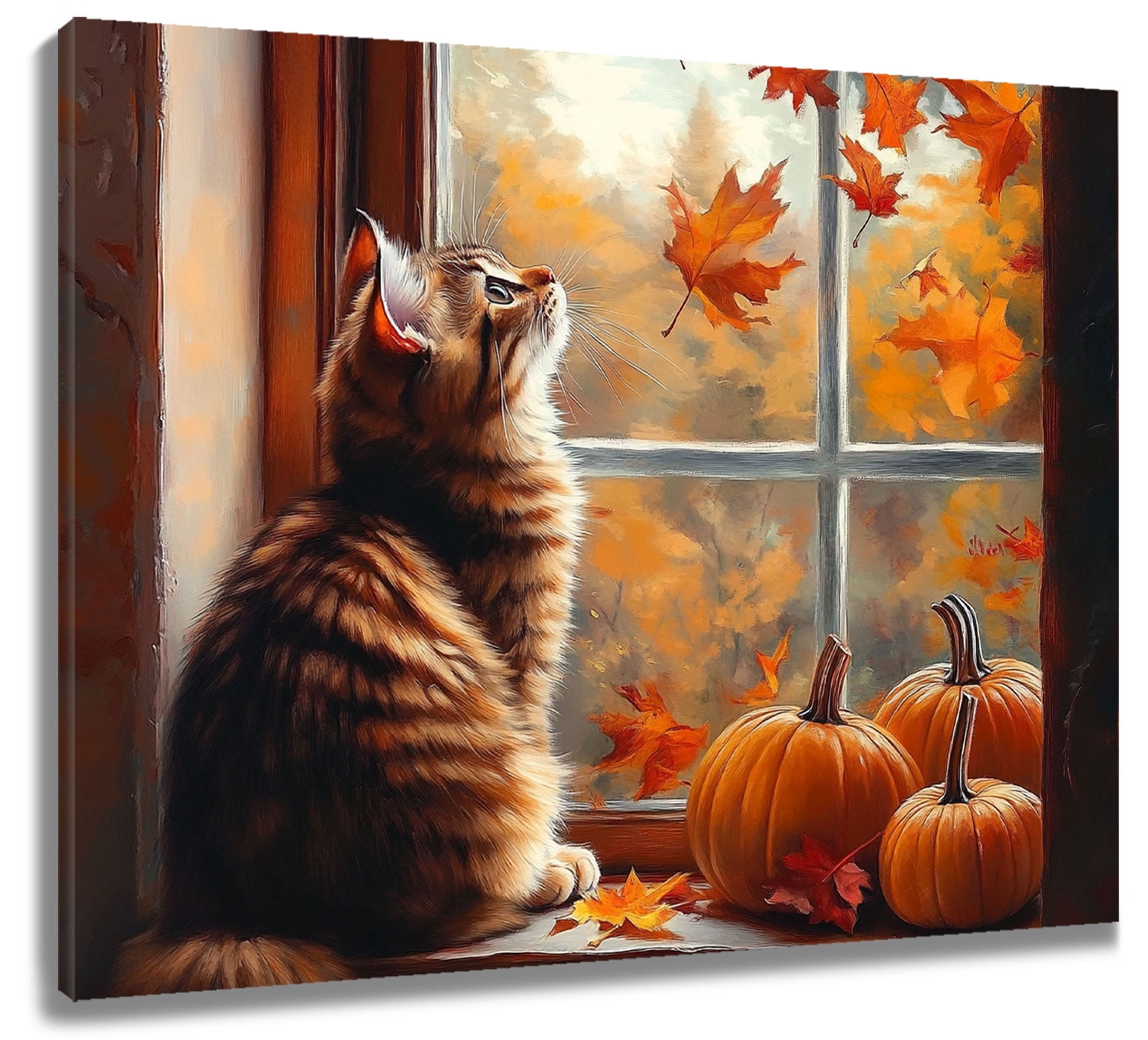 NEONWE Fall Cat Canvas Wall Art Cute Cat Autumn Maple Leaf Pumpkin ...