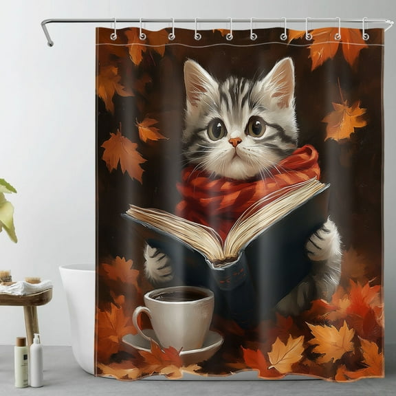 NEONWE Fall Cat Shower Curtain Funny Kitten Orange Maple Leaf Autumn Forest - Rustic Scenery Thansgiving Bathroom Decor, Easy Care Polyester Fabric 72x60 Inch with Hooks