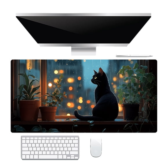 NEONWE Funny Black Cat Gaming Mouse Pad Green Potted Plant Cute Anime Large Desktop Mouse Pad with Stitched Edges Non-slip Rubber for Work Game Office Home, 3mm Thick, 31.5 X 15.75 Inch