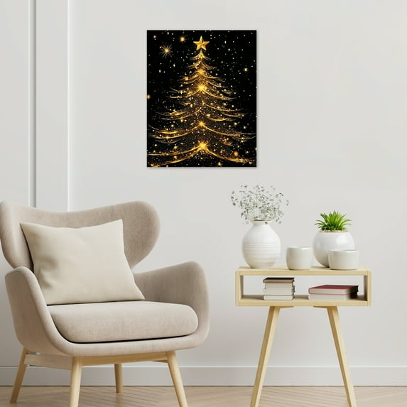 NEONWE Gold Christmas Tree Canvas Wall Art, Black Backdrop Sparkling Pine Tree Vintage Elegant Art Prints Posters Living Room Decor Xmas Holiday Home Art Bedroom Bathroom Office Wall Decor 12x16in