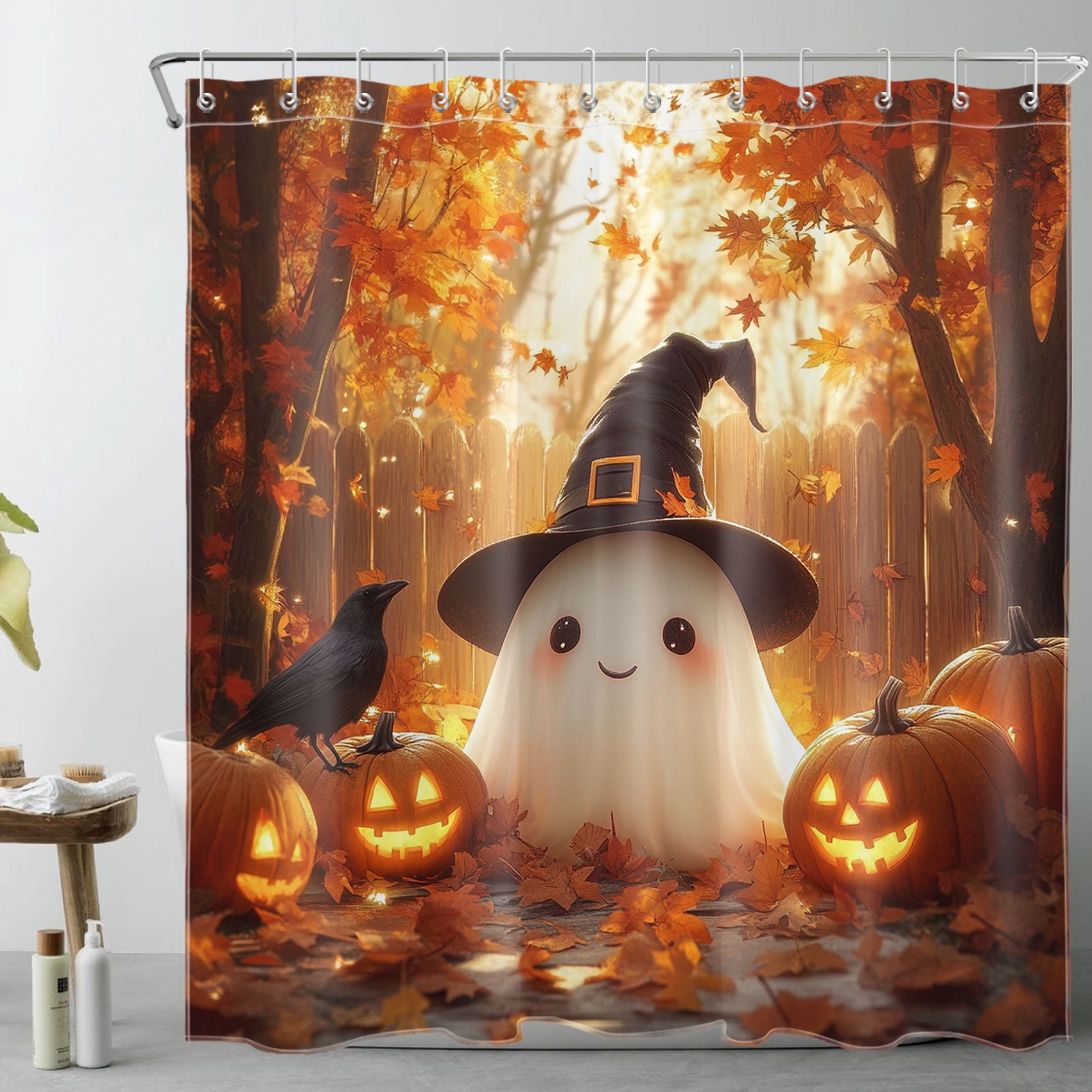 NEONWE Halloween Cute Ghost Shower Curtain Orange Pumpkin and Black ...