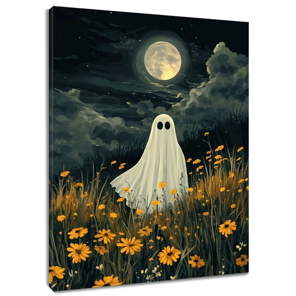 NEONWE Halloween Ghost Canvas Wall Art Cute Ghost Yellow Floral Forest Black Night Full Moon Prints Posters Living Room Decor Vintage Rustic Home Art Bedroom Bathroom Office Wall Decor