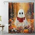 thumbnail image 1 of NEONWE Halloween Ghost Shower Curtain Orange Pumpkin Fall Forest Cute Funny Floral Bathroom Shower Curtain Rustic Farmhouse Art Home Decor, Waterproof Polyester Fabric with Hooks, 72Lx60W Inches, 1 of 6
