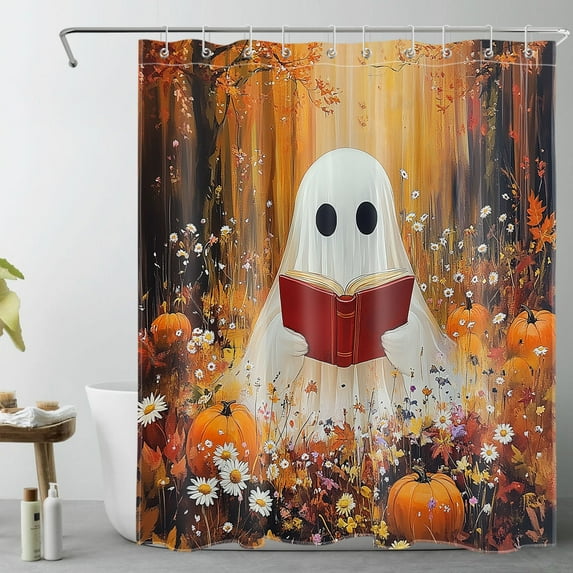 NEONWE Halloween Ghost Shower Curtain Orange Pumpkin Fall Forest Cute Funny Floral Bathroom Shower Curtain Rustic Farmhouse Art Home Decor, Waterproof Polyester Fabric with Hooks, 72Lx60W Inches