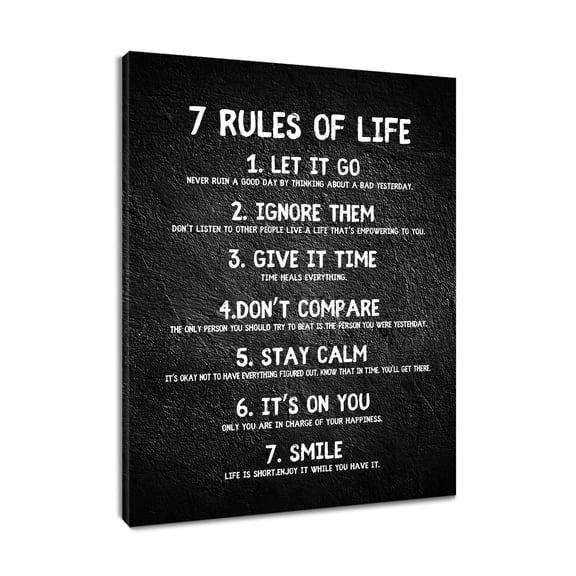 NEONWE Motivational Canvas Wall Art Black and White 7 Rules of Life Inspirational Prints Posters Wall Art for Living Room Bedroom Bathroom Office, 16x12 Inches