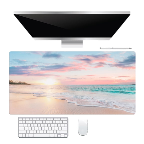 NEONWE Ocean Beach Gaming Mouse Pad Pink Sky Sunset Sea Sunny Nature Landscape Large Desktop Mouse Pad with Stitched Edges Non-Slip Rubber for Work Game Office Home, 3mm Thick, 31.5 X 15.75 Inch