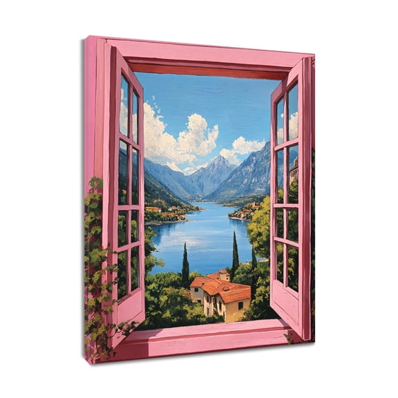 NEONWE Open Window View Canvas Wall Art Mediterranean Serene Mountain Lake View Balcony Rustic Landscape Posters Prints Living Room Bedroom Bathroom Office Wall Decor, 16x12 Inches