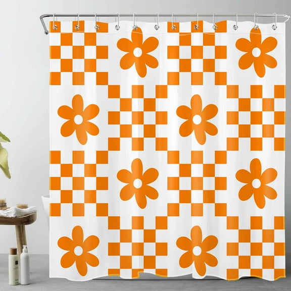 NEONWE Orange Checkered Floral Shower Curtain Cute Flower Funny Modern Minimalist Pattern Bathroom Shower Curtain Decor, Polyester Waterproof Fabric with 12 Pack Plastic Hook 72" X 72"