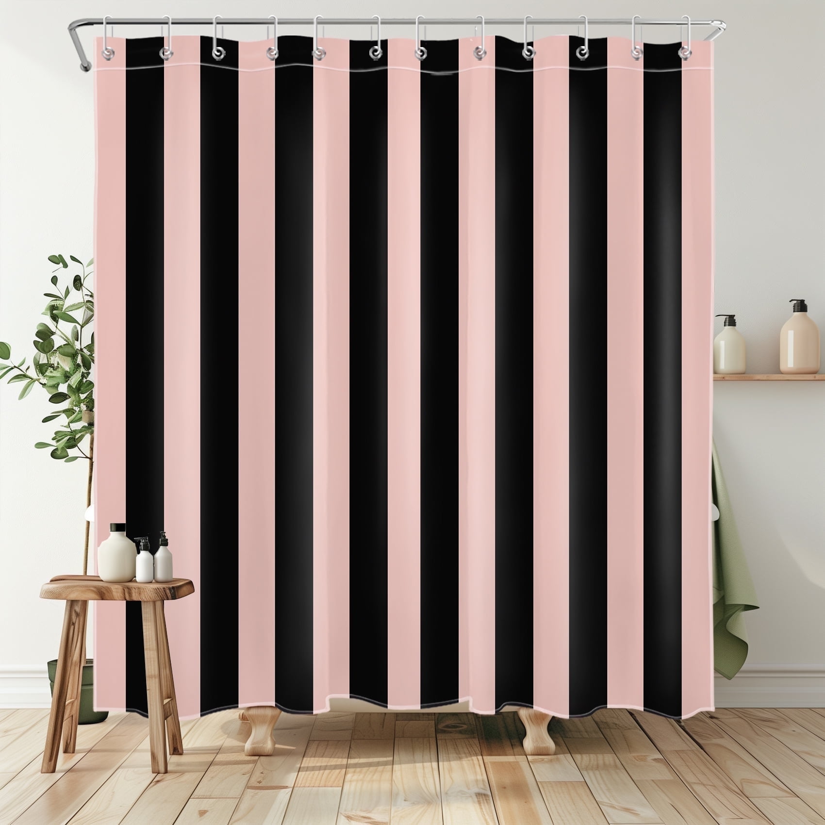NEONWE Black and Pink Striped Shower Curtain, Modern Watercolor Stripe Waterproof Bathroom Shower Curtain with Hooks, Machine Washable, 72" x 72"