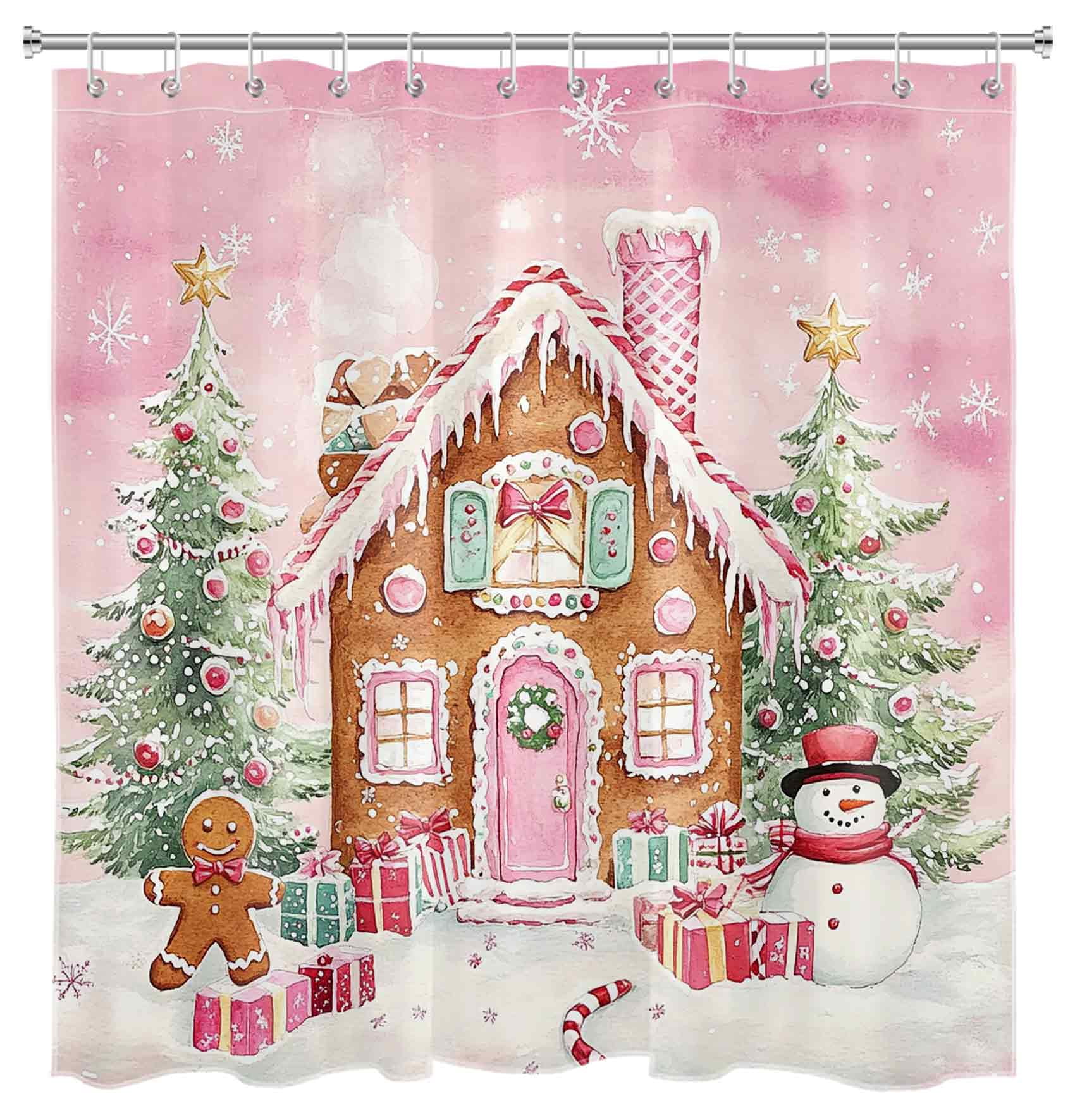 NEONWE Pink Christmas Gingerbread House Shower Curtain Christmas Trees Winter Cute Candy Snowman Bathroom Shower Curtain Decor Polyester Waterproof Fabric with 12 Pack Plastic Hook 72" X 72"