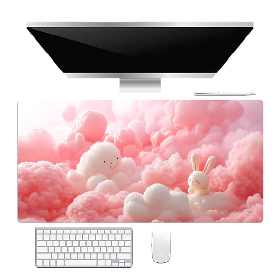 NEONWE Pink Gaming Mouse Pad Funny Smiling Clouds Cute Rabbits Large Desktop Mouse Pad with Stitched Edges Non-Slip Rubber for Work Game Office Home, 3mm Thick, 31.5 X 15.75 Inch