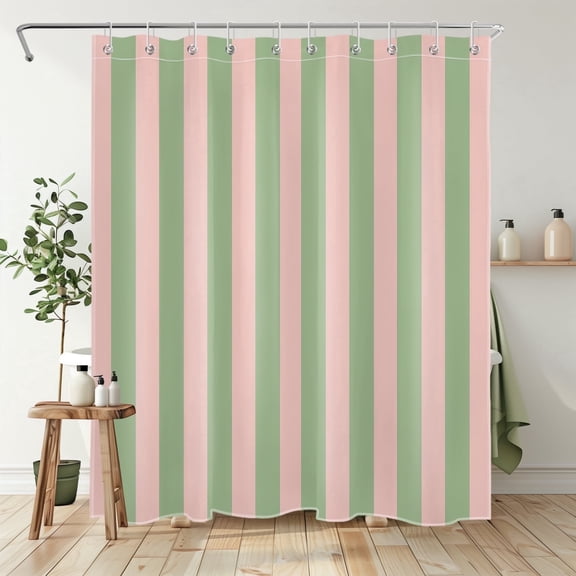 NEONWE Colorful Striped Shower Curtain, Green and Pink Watercolor Stripe Waterproof Bathroom Shower Curtain with Hooks, Machine Washable, 60" x 72"