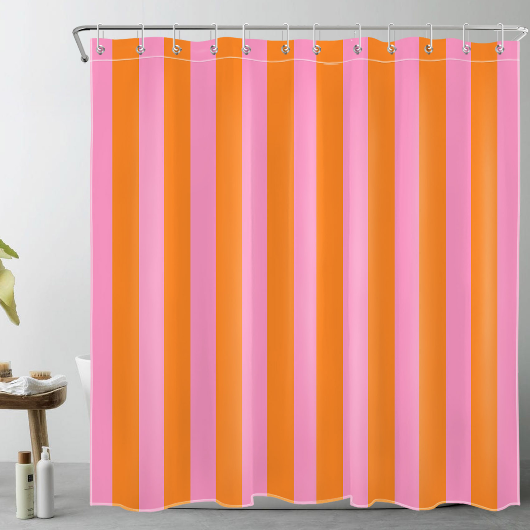 NEONWE Pink and Orange Striped Shower Curtain Cute Boho Mid Century