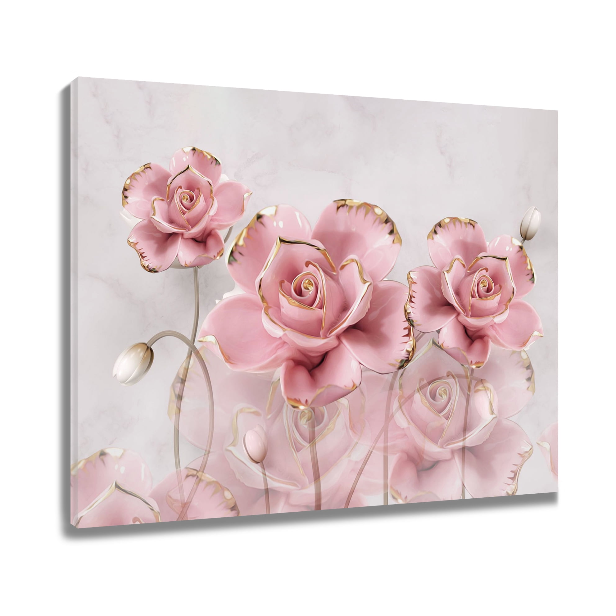 NEONWE Pink Rose Canvas Wall Art Abstract Floral Marble Gold Flower ...