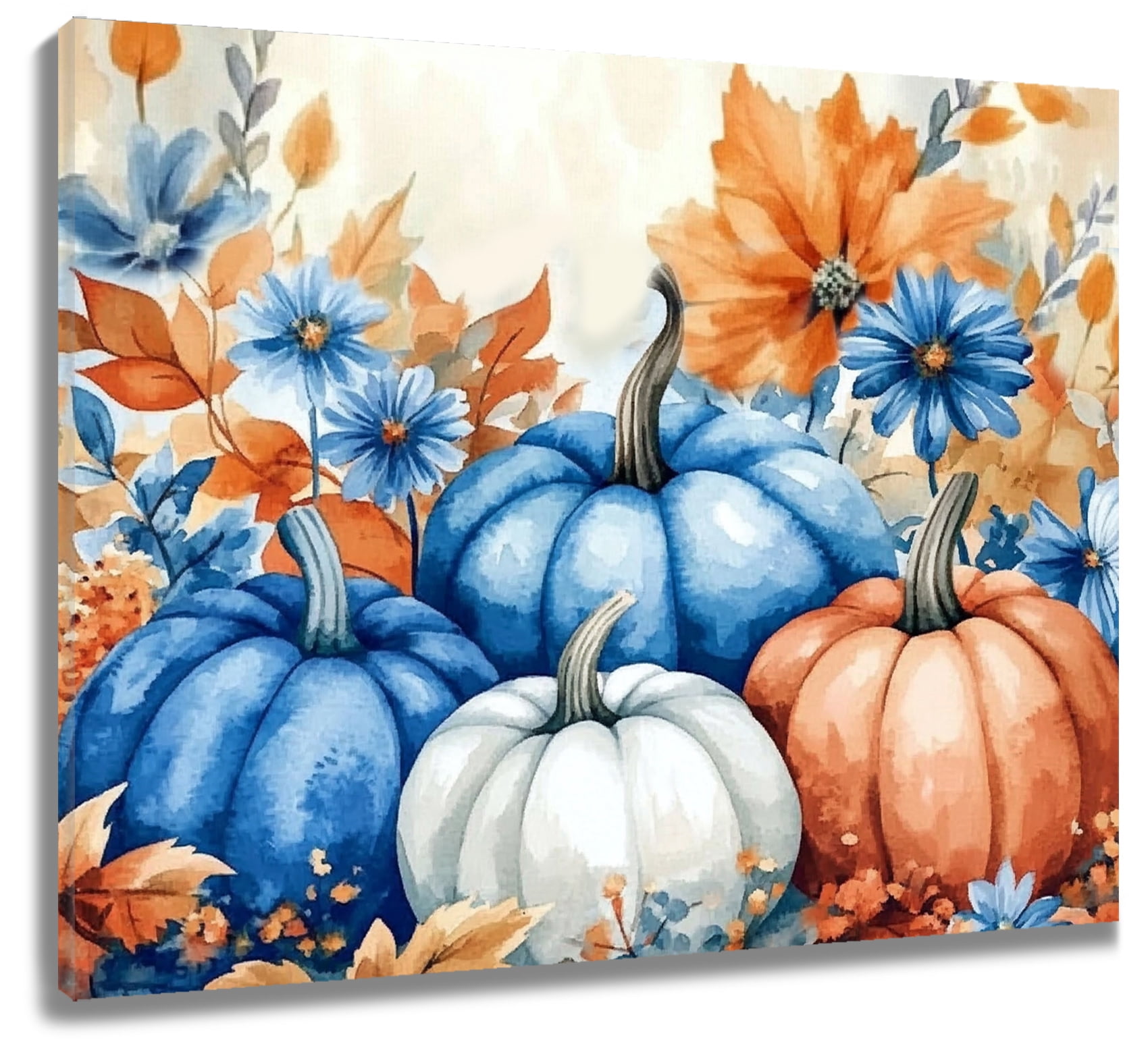 NEONWE Pumpkin Floral Canvas Wall Art Blue Orange White Pumpkins ...