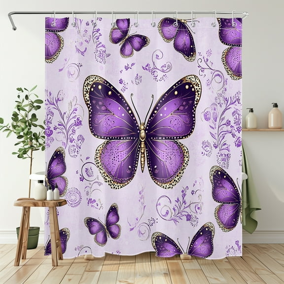 NEONWE Purple Butterfly Floral Shower Curtain Flower Vine Plant Gold Elegant Romantic Aesthetic Bathroom Shower Curtain Decor Polyester Waterproof Fabric with Hook 72" X 60"