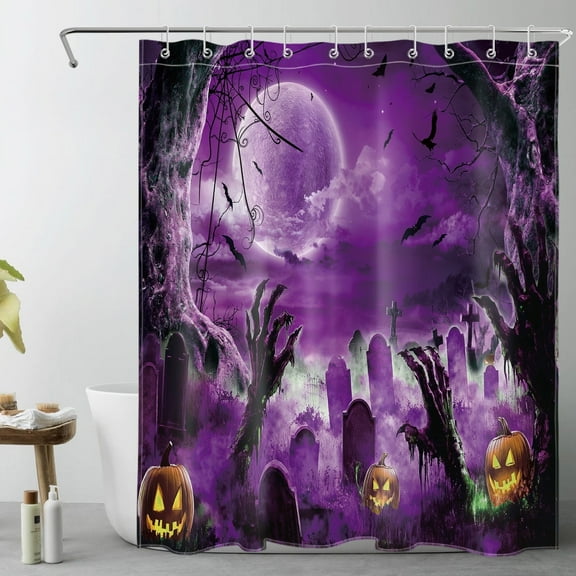 NEONWE Purple Halloween Shower Curtain, Horror Graveyard Spooky Orange Pumpkin and Black Bat - Scary Night Full Moon Bathroom Decor, Easy Care Polyester Fabric 72x60 Inch with Hooks