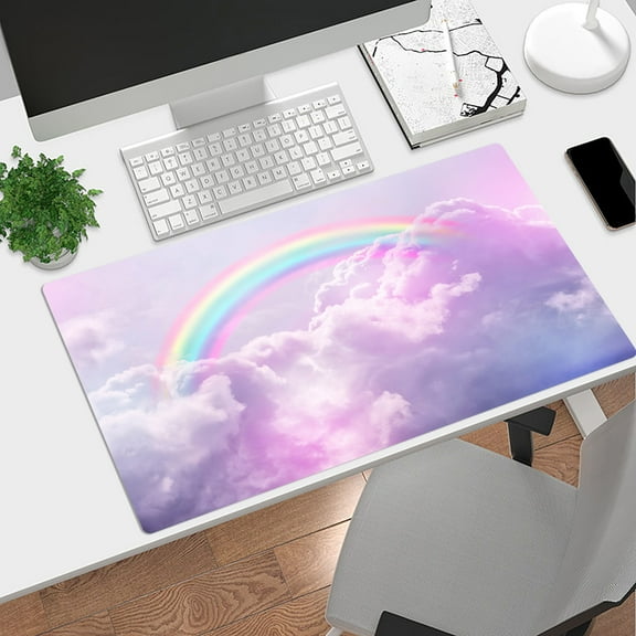 NEONWE Purple Sky Gaming Mouse Pad Watercolor Cute Cloud Rainbow Modern Aesthetic Large Desktop Mouse Pad with Stitched Edges Non-Slip Rubber for Work Game Office Home, 3mm Thick, 31.5 X 15.75 Inch