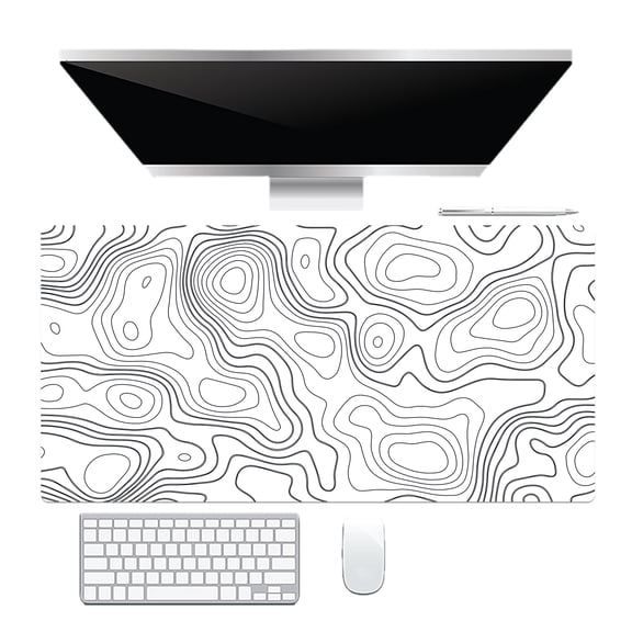 NEONWE Topographic Gaming Mouse Pad, Modern Abstract Geometric Lines Large Desk Mat, with Non-slip Base Stitched Edge Minimalist Keyboard Mat for Work Game Office Home, 31.5 X 15.75 Inch,White