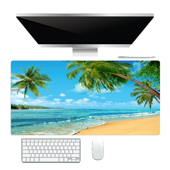 NEONWE Tropical Ocean Beach Gaming Mouse Pad Summer Palm Trees Blue Sea Sky Hawaii Large Desktop Mouse Pad with Stitched Edges Non-slip Rubber for Work Game Office Home, 3mm Thick, 31.5 X 15.75 Inch