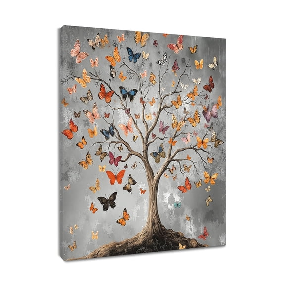 NEONWE Vintage Butterfly Tree Canvas Wall Art Watercolor Colorful Butterfly Grey Funny Prints Posters Living Room Decor Rustic Farmhouse Home Art Bedroom Bathroom Office Wall Decor, 10x8 Inches