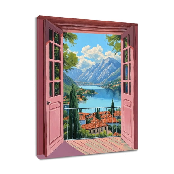 NEONWE Window View Canvas Wall Art Blue Sky and White Clouds Serene Mountain Lake View Balcony Rustic Landscape Posters Prints Living Room Bedroom Bathroom Office Wall Decor, 12x12 Inches