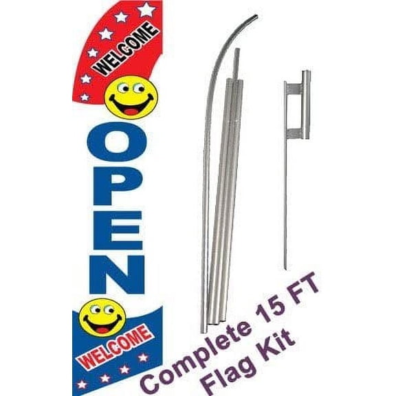 NEOPlex - "Open Welcome Smiley Face" Complete Flag Kit - Includes 12' Swooper Feather Business Flag With 15-foot Anodized Aluminum Flagpole AND Ground Spike