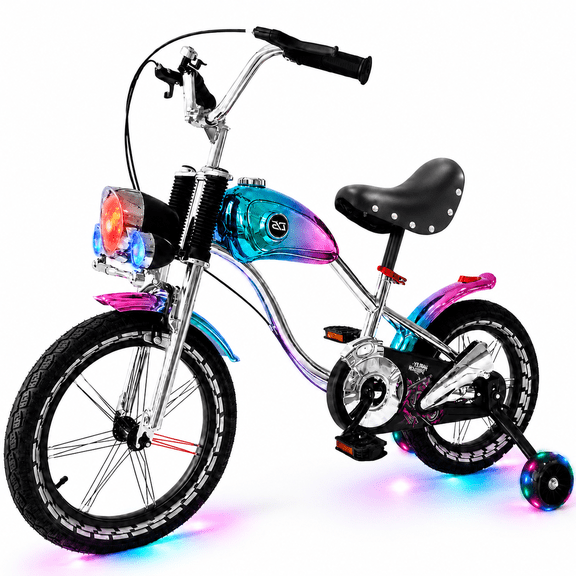 NEORIVER 16" Kids Bike Retro Motorcycle Style, Boys Girls Ages 3-12, Light-Up Training Wheels, Front Lights & Music, Adjustable Seat, Kickstand, V-Brake