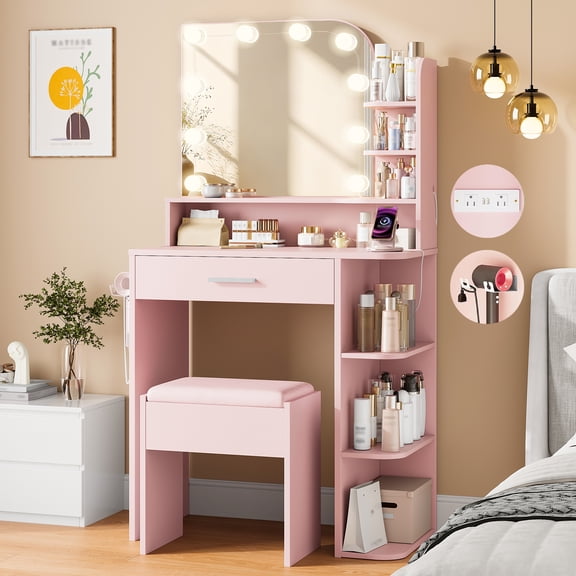 NEORIVER 26.4" Small Makeup Vanity Set with Mirror and Lights, Modern Vanity Desk with Bench and Power Outlets